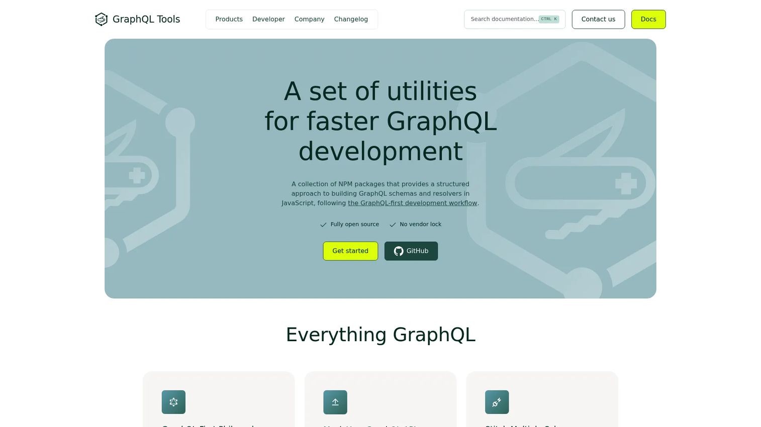 GraphQL Tools homepage showing the open-source schema utility suite