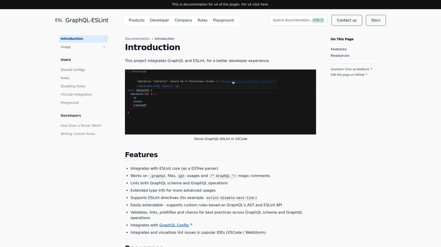 GraphQL ESLint homepage showing linting for schema and operations