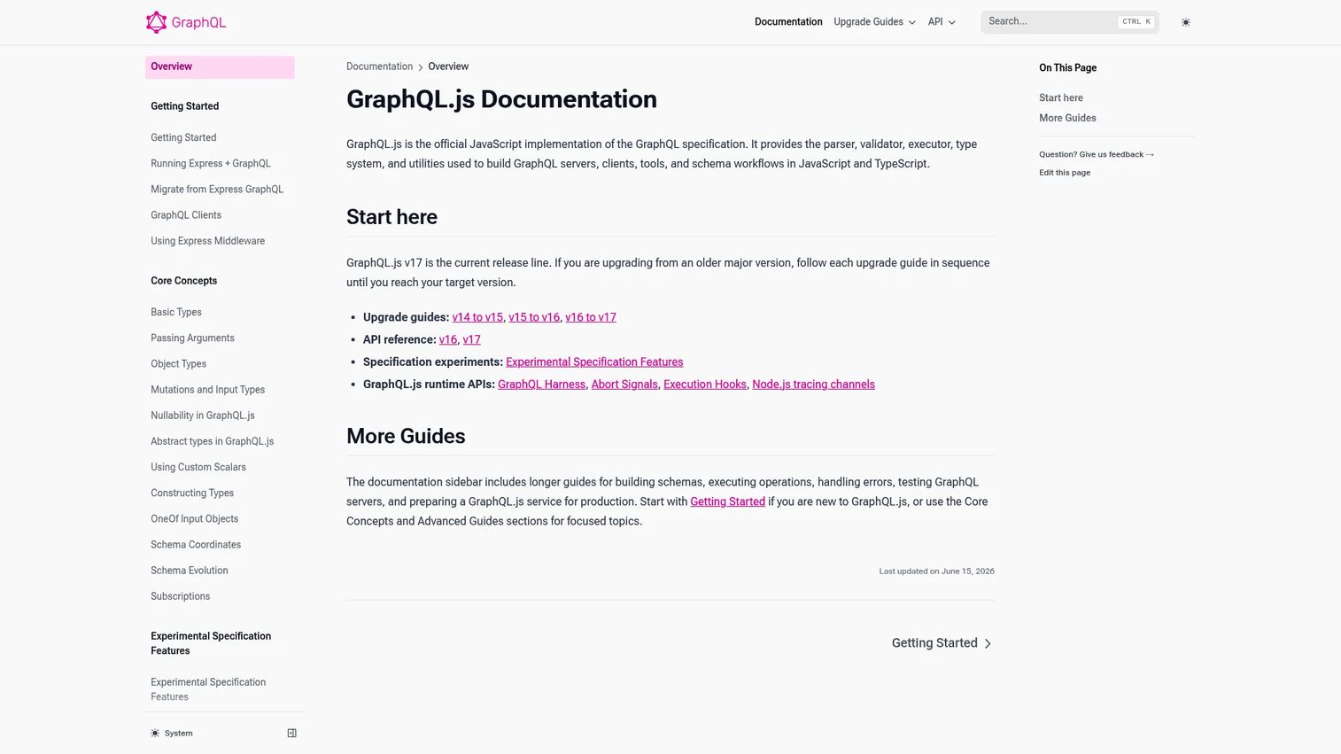 GraphQL.js documentation page showing the reference JavaScript implementation