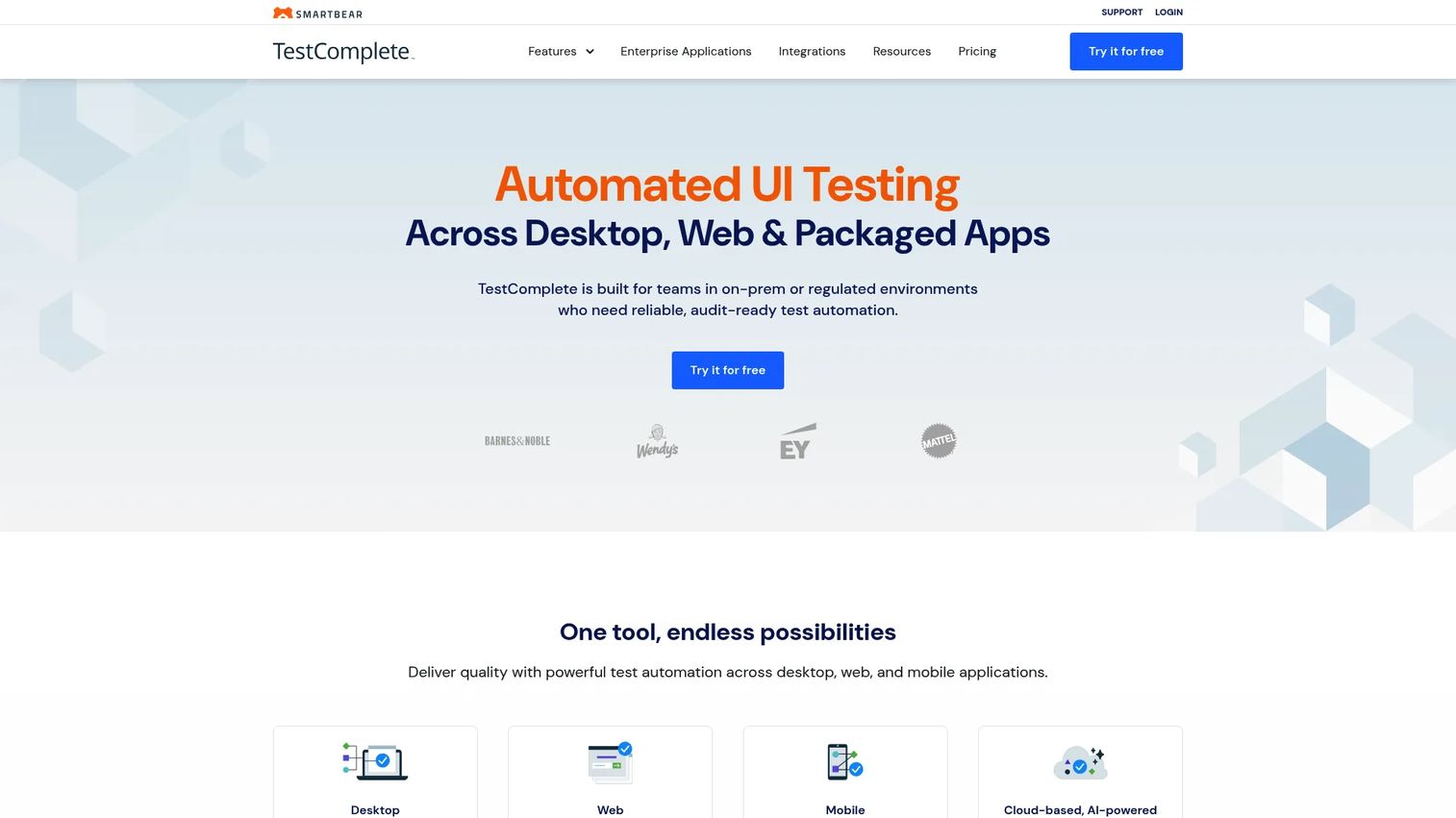 TestComplete UI automation platform homepage