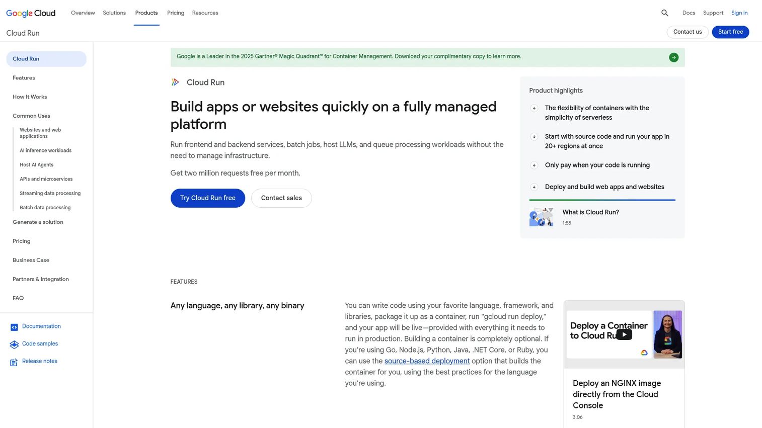 Cloud Run product page screenshot