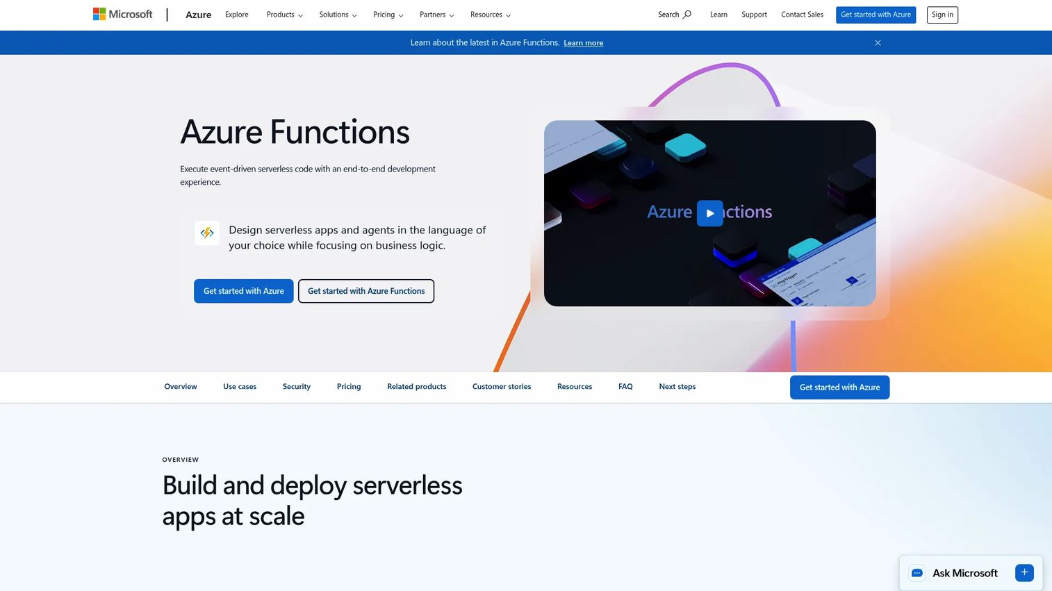 Azure Functions product page screenshot