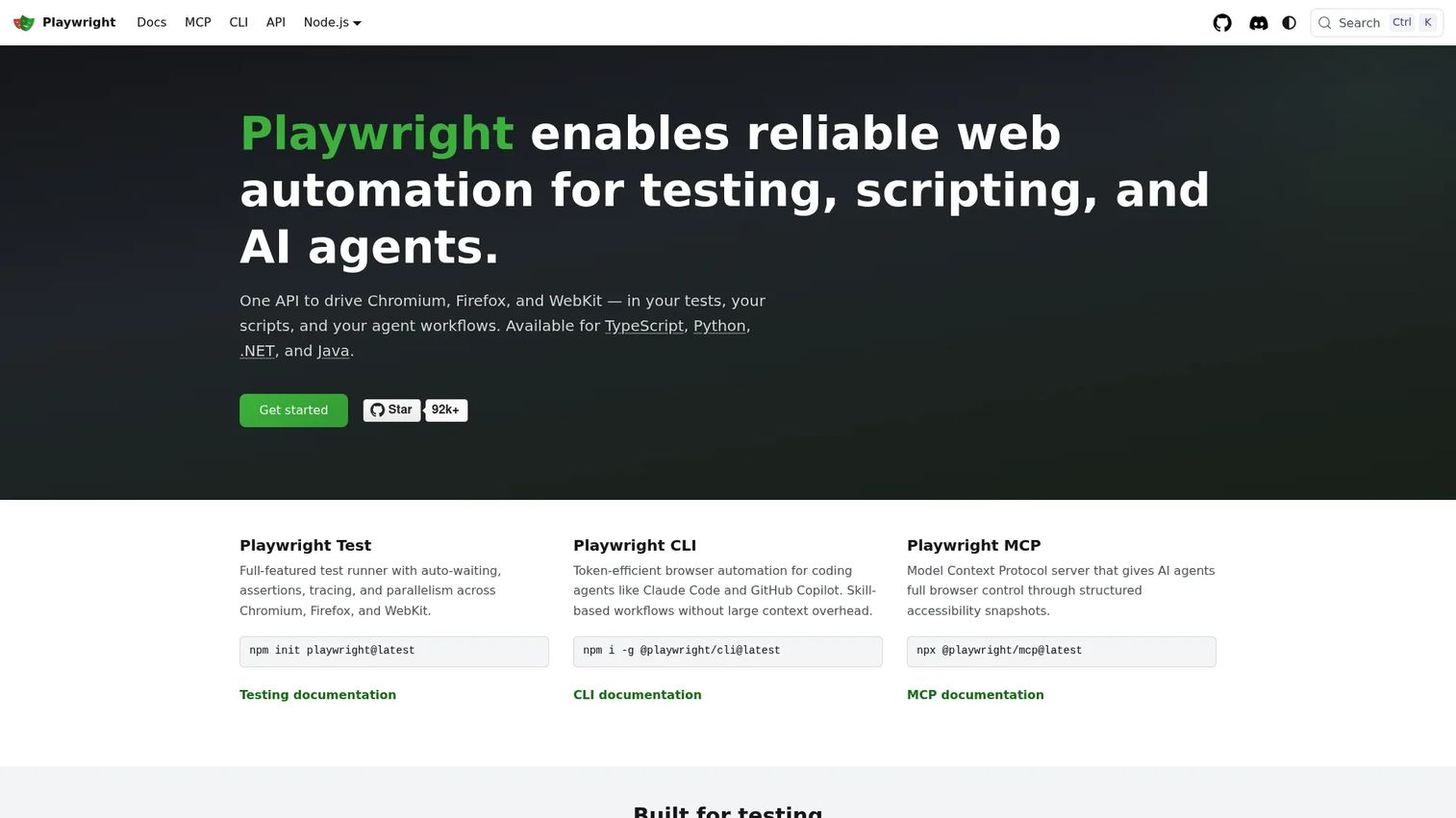 Playwright modern browser automation framework homepage