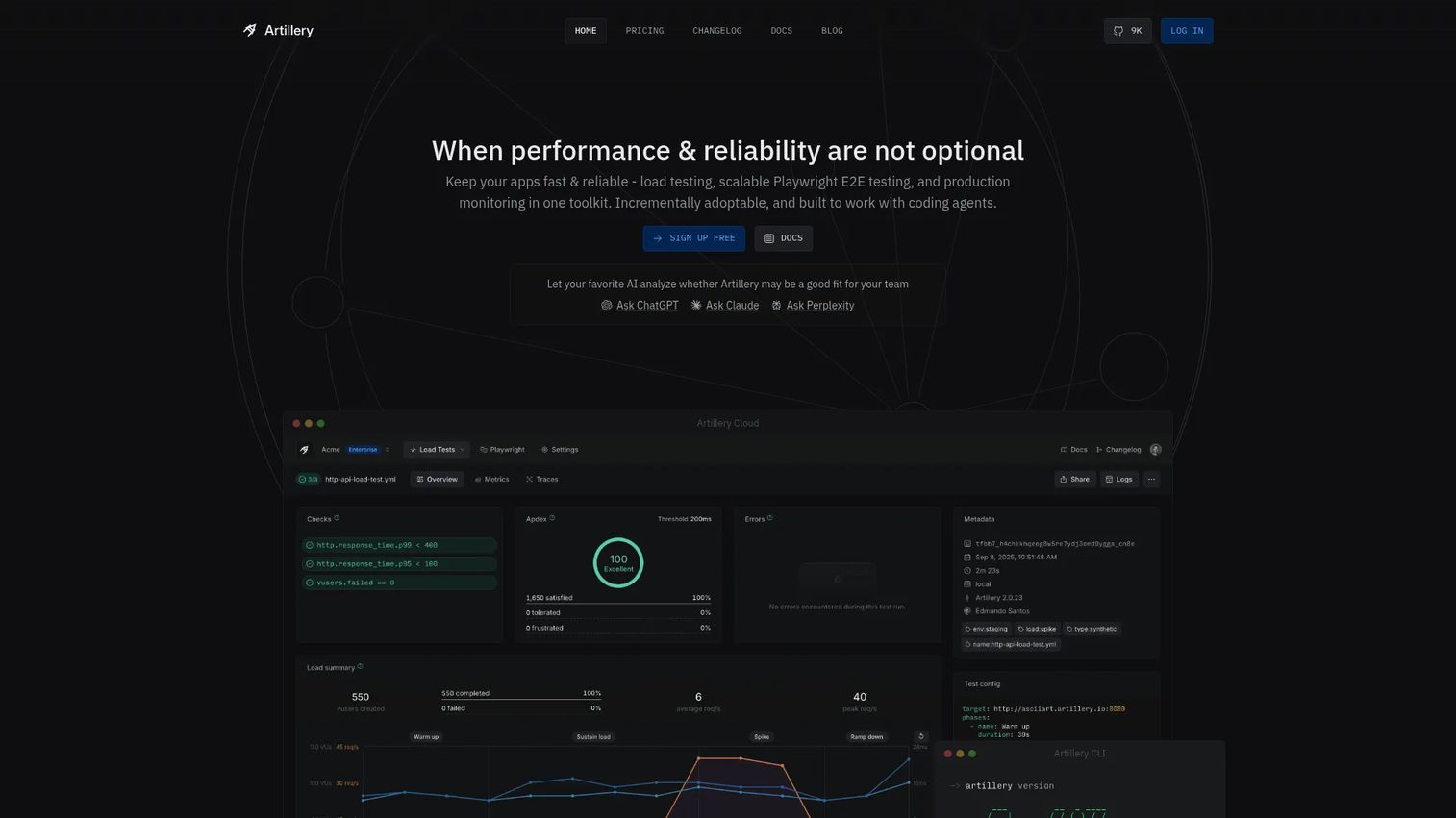 Artillery performance testing platform homepage