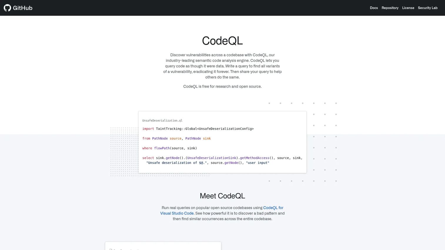CodeQL semantic code analysis engine