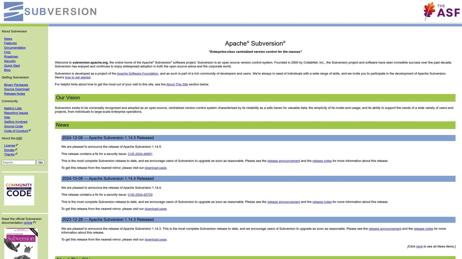 Apache Subversion version control homepage