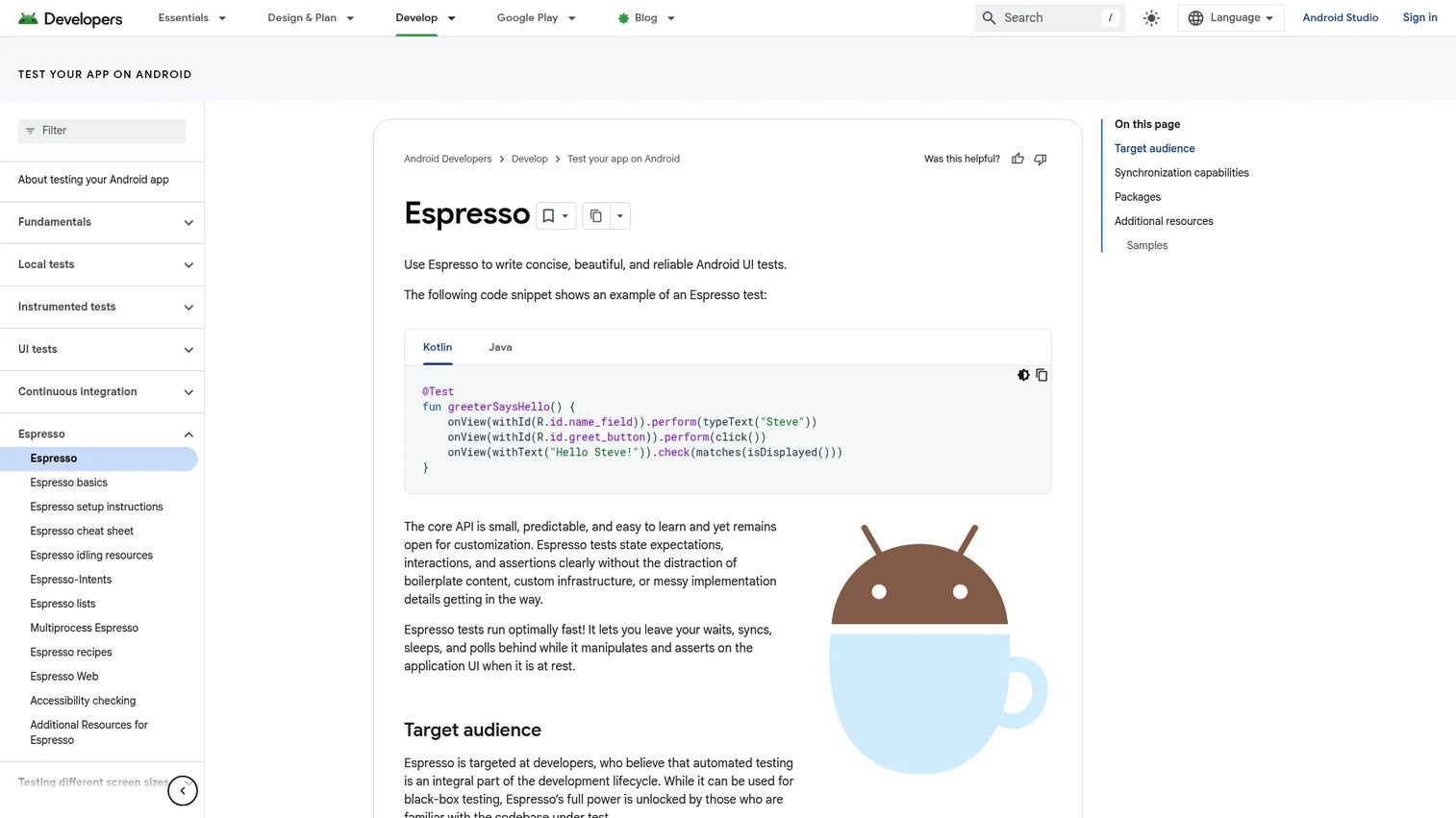 Espresso Android testing framework documentation