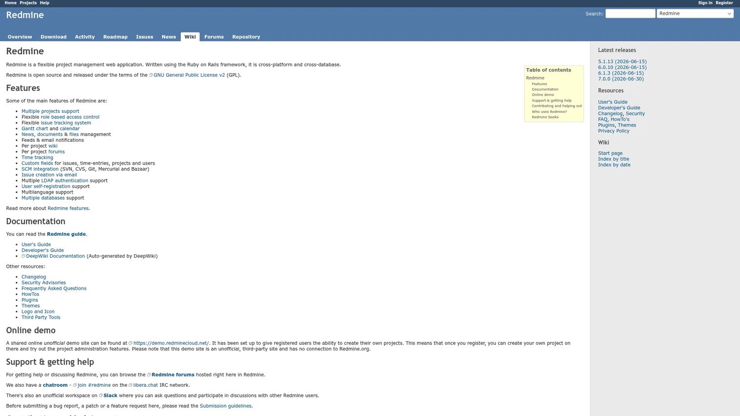 Redmine project and issue tracking interface