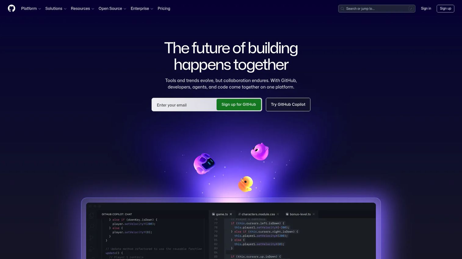 GitHub developer platform homepage