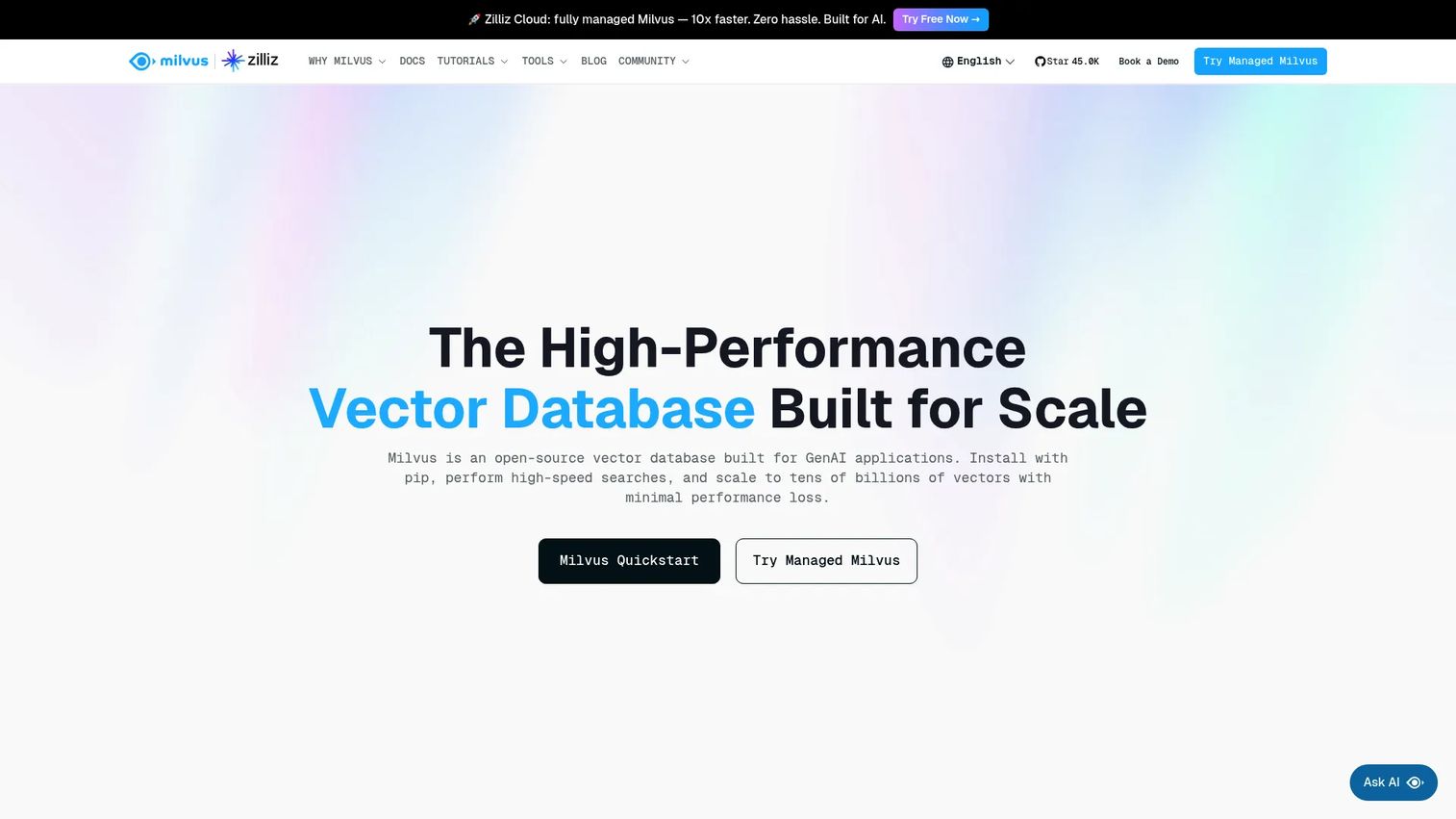 Milvus vector database software screenshot