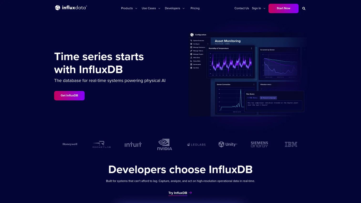InfluxDB time series database homepage