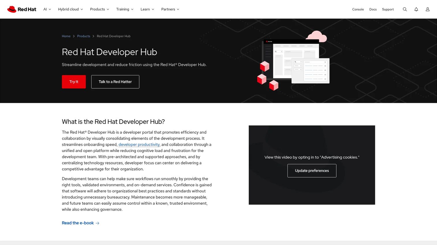 Red Hat Developer Hub internal developer platform page