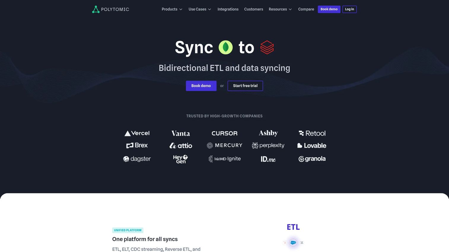 Polytomic bidirectional data sync platform homepage