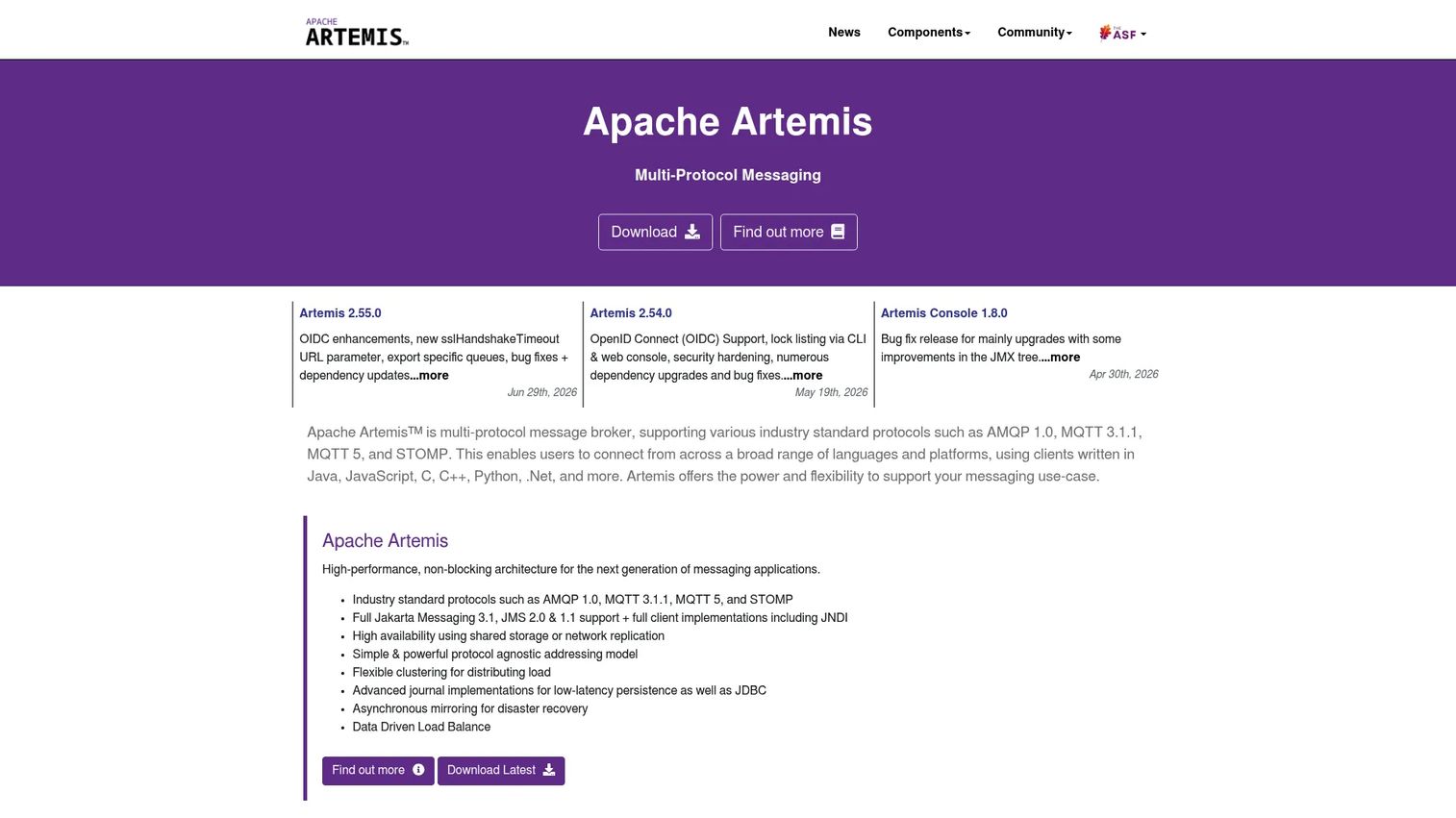 Apache ActiveMQ Artemis broker homepage