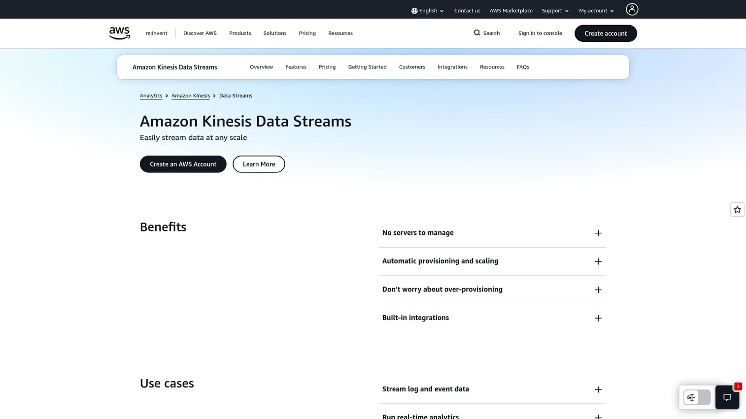 Amazon Kinesis Data Streams page showing the AWS real-time streaming service