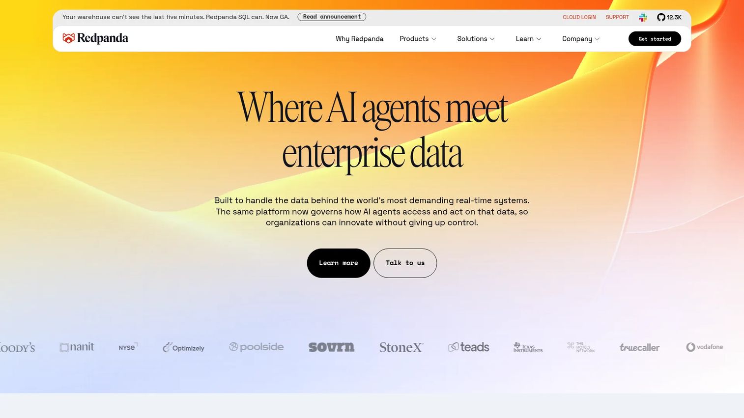 Redpanda homepage showing the Kafka-compatible streaming platform