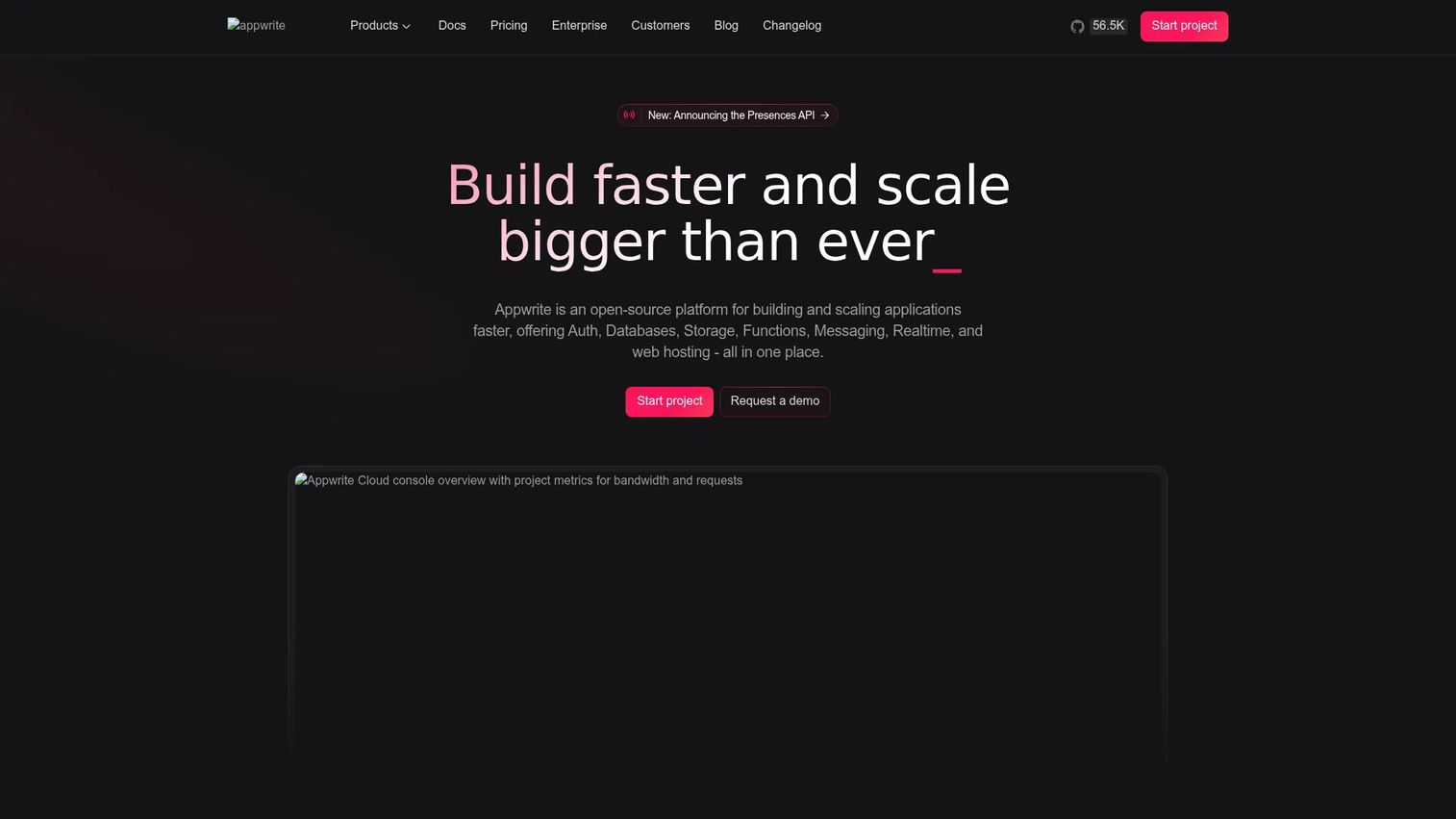 Appwrite homepage showing the open source backend platform