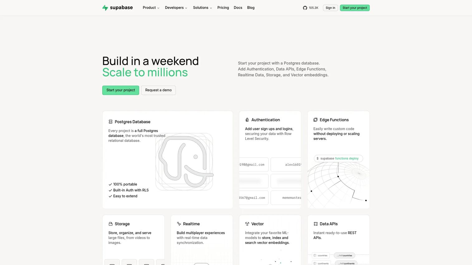 Supabase homepage showing the open source Postgres backend platform