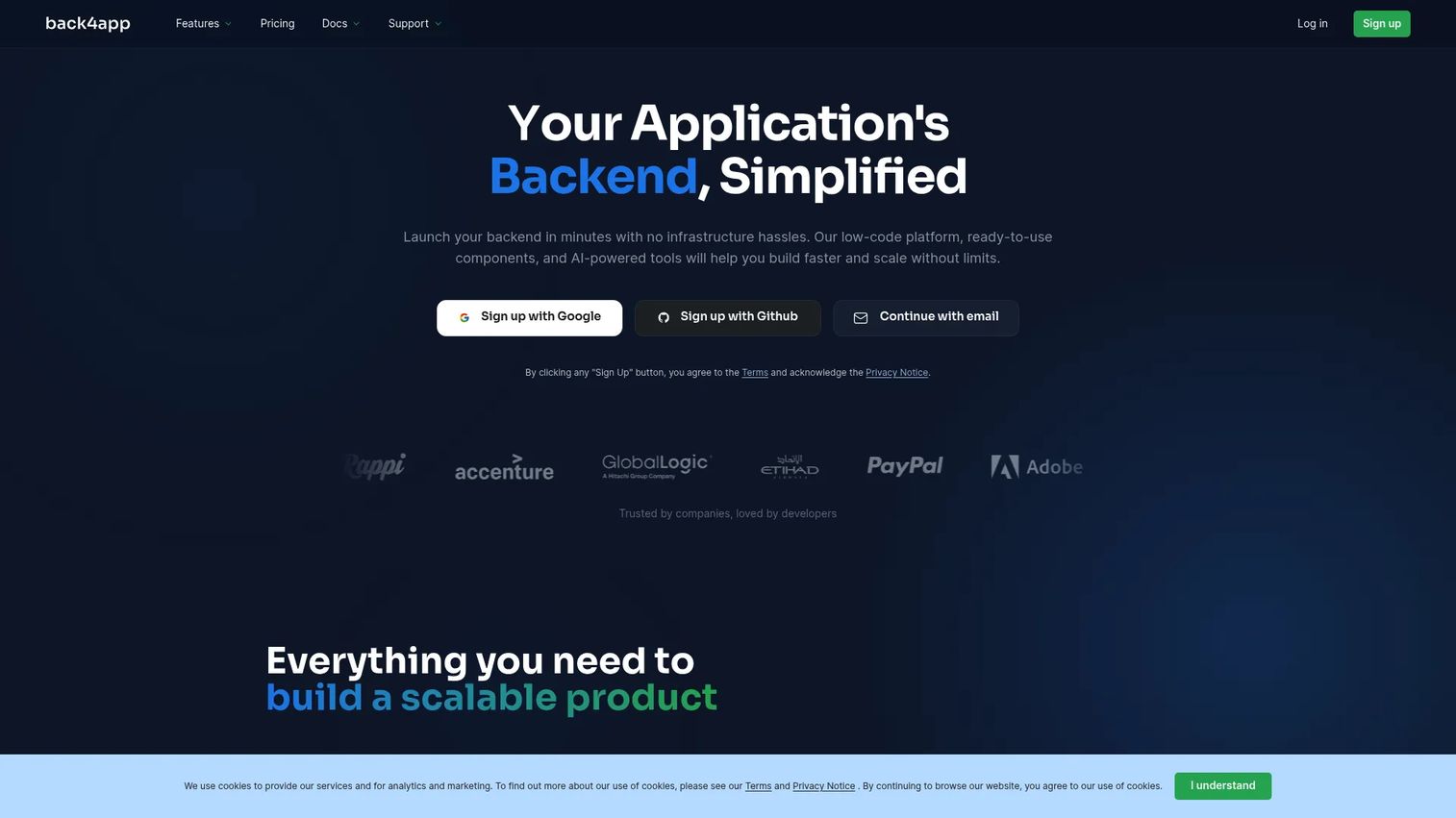 Back4app homepage showing the managed Parse backend platform