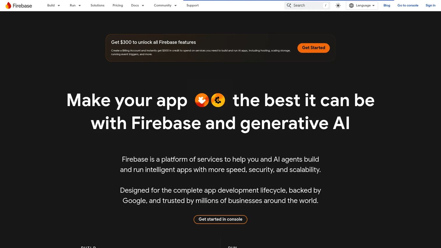 Firebase homepage showing Google