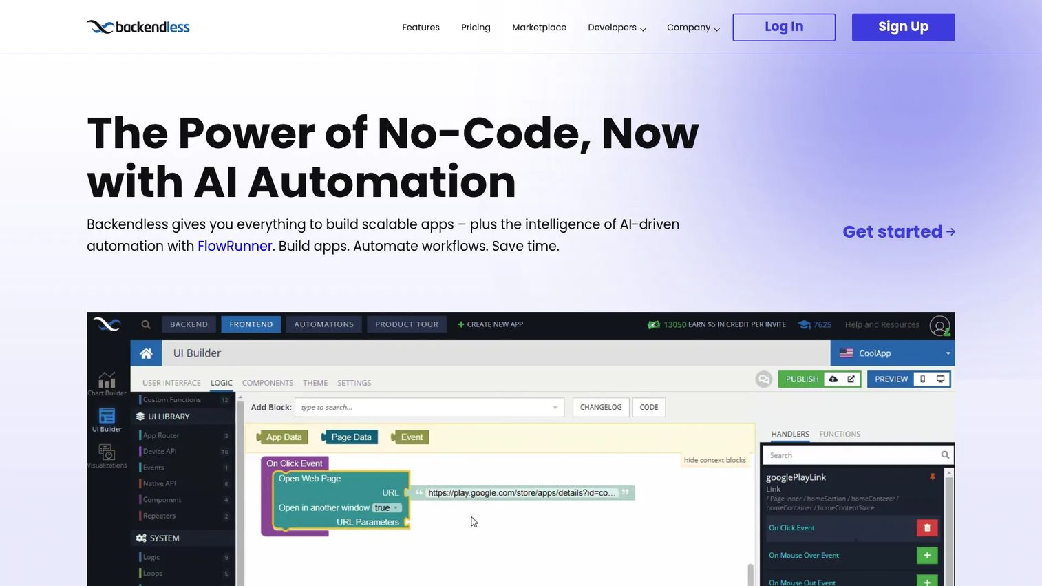 Backendless homepage showing the low-code backend and app development platform