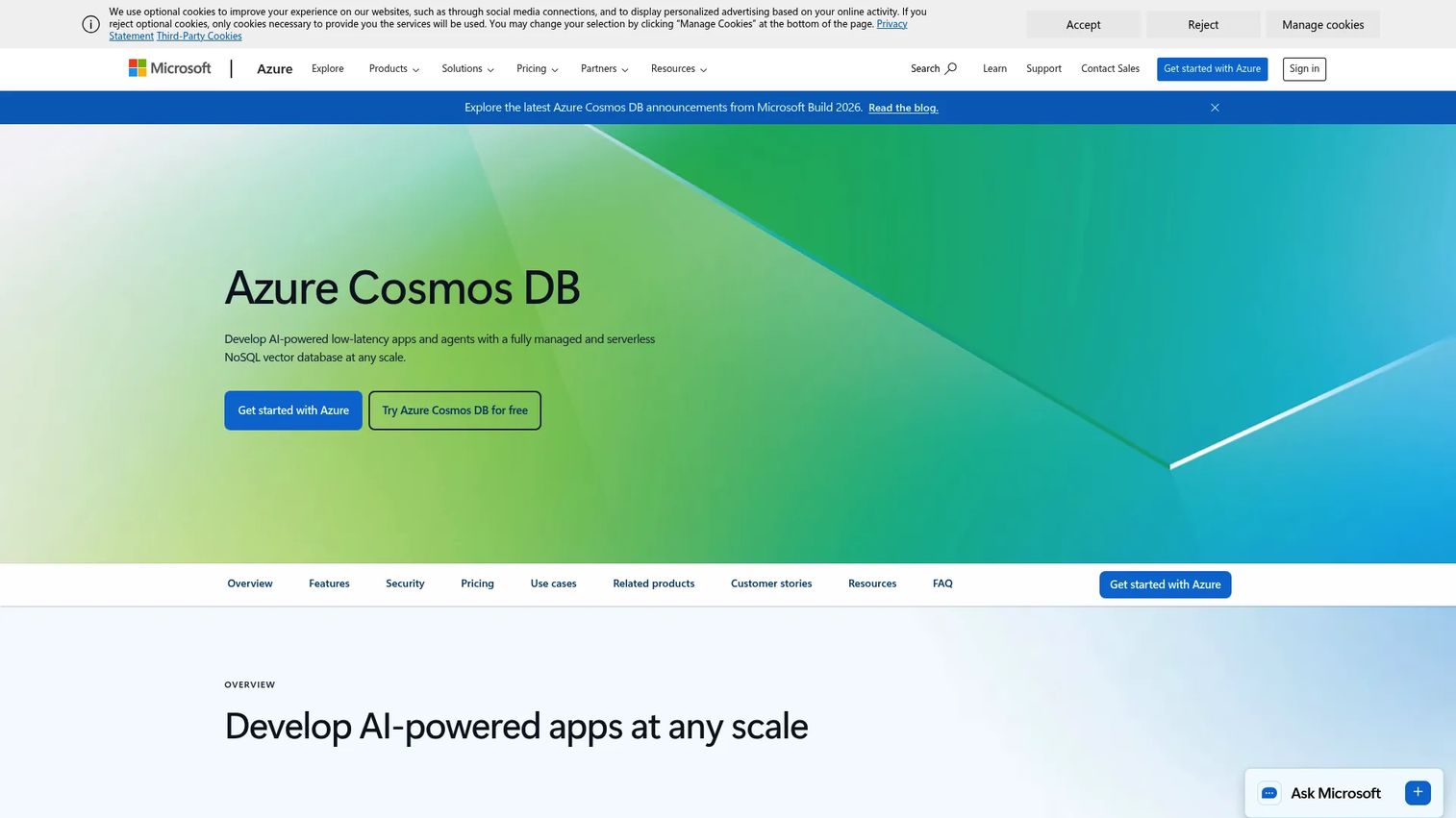 Azure Cosmos DB multi-model database product page