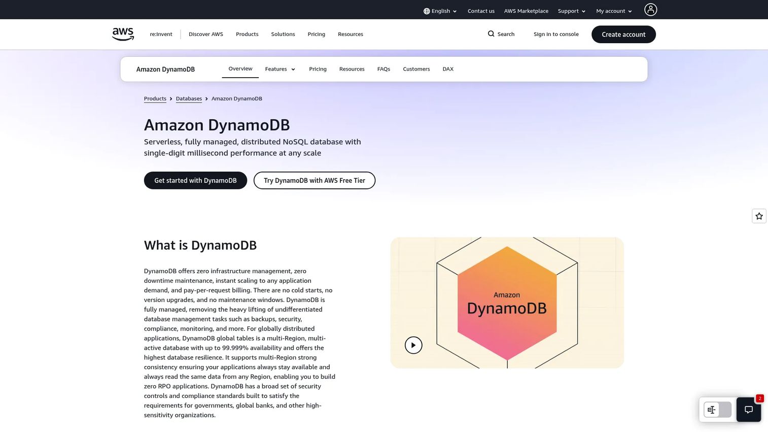 Amazon DynamoDB serverless NoSQL database page
