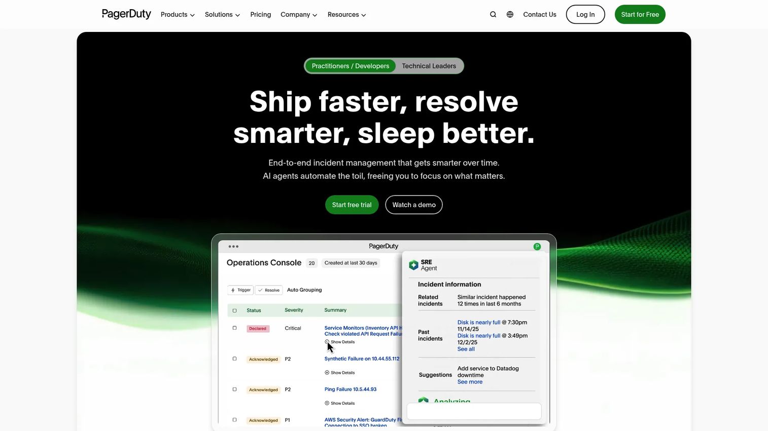 PagerDuty operations and incident management platform homepage