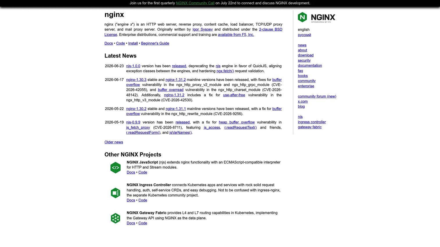 NGINX reverse proxy and web server homepage
