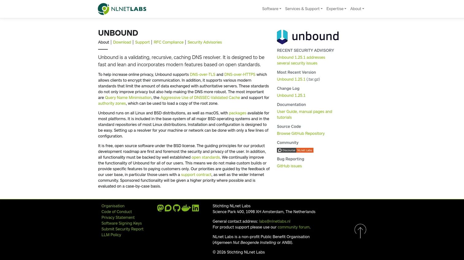 Unbound recursive DNS resolver page