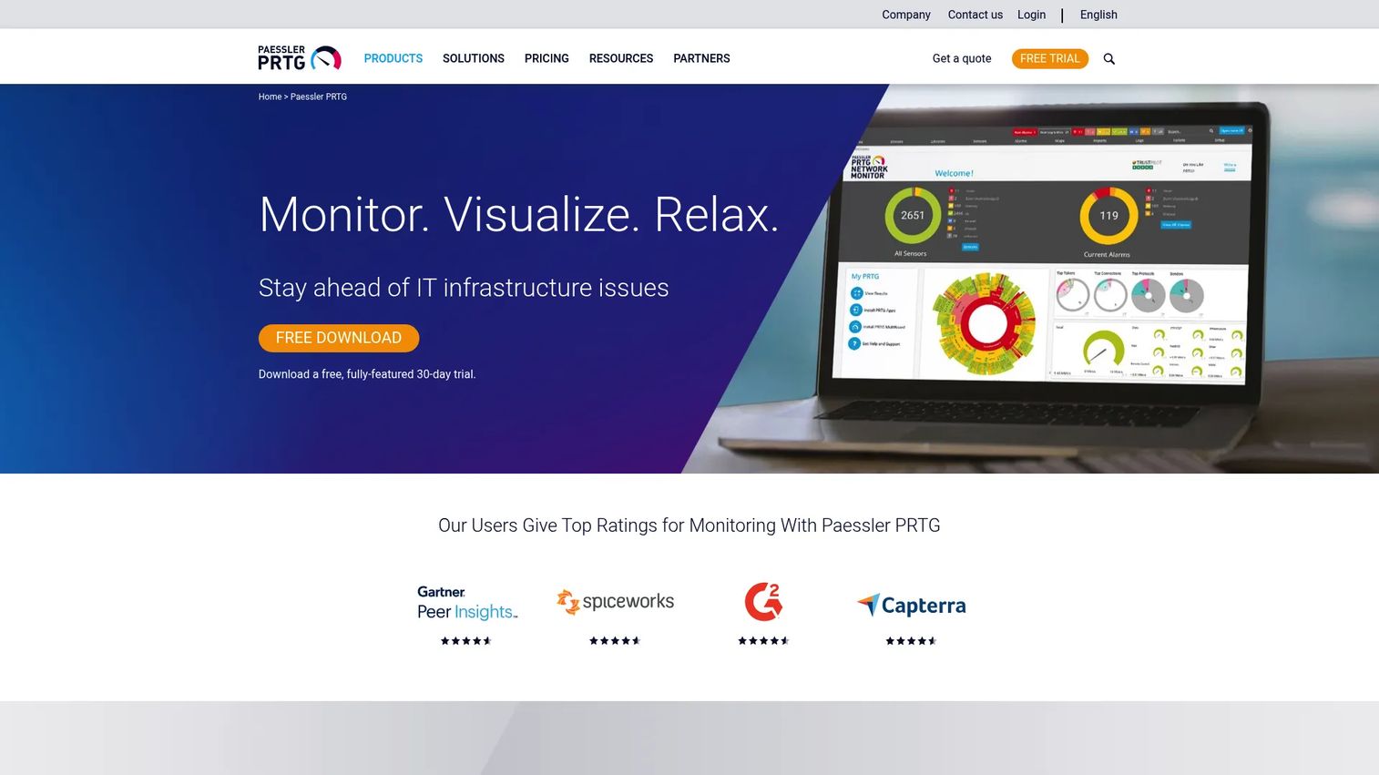 Paessler PRTG Network Monitor dashboard with sensors and network map