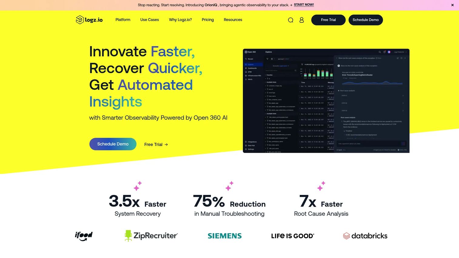 Logz.io cloud-native observability and log management dashboard