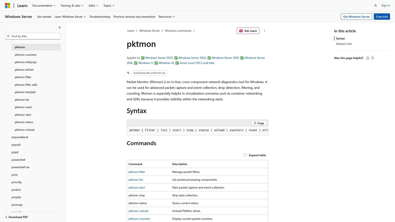 Pktmon Windows packet capture tool documentation