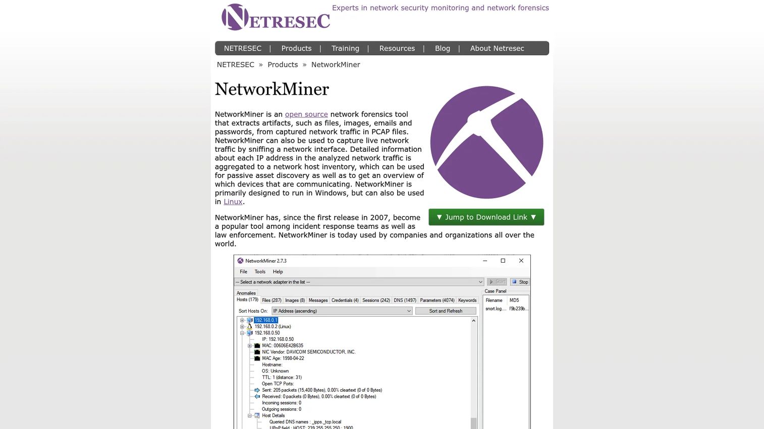 Network Miner network forensics tool interface