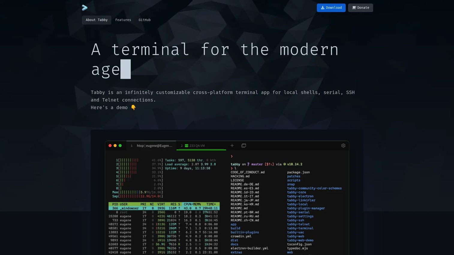Tabby terminal app homepage
