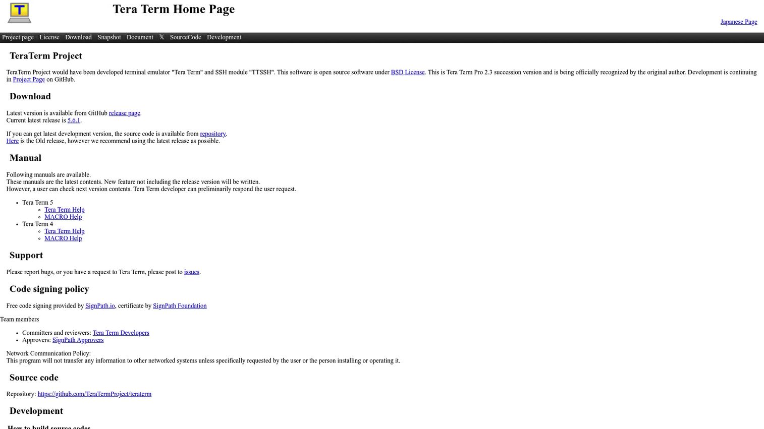 Tera Term terminal emulator homepage