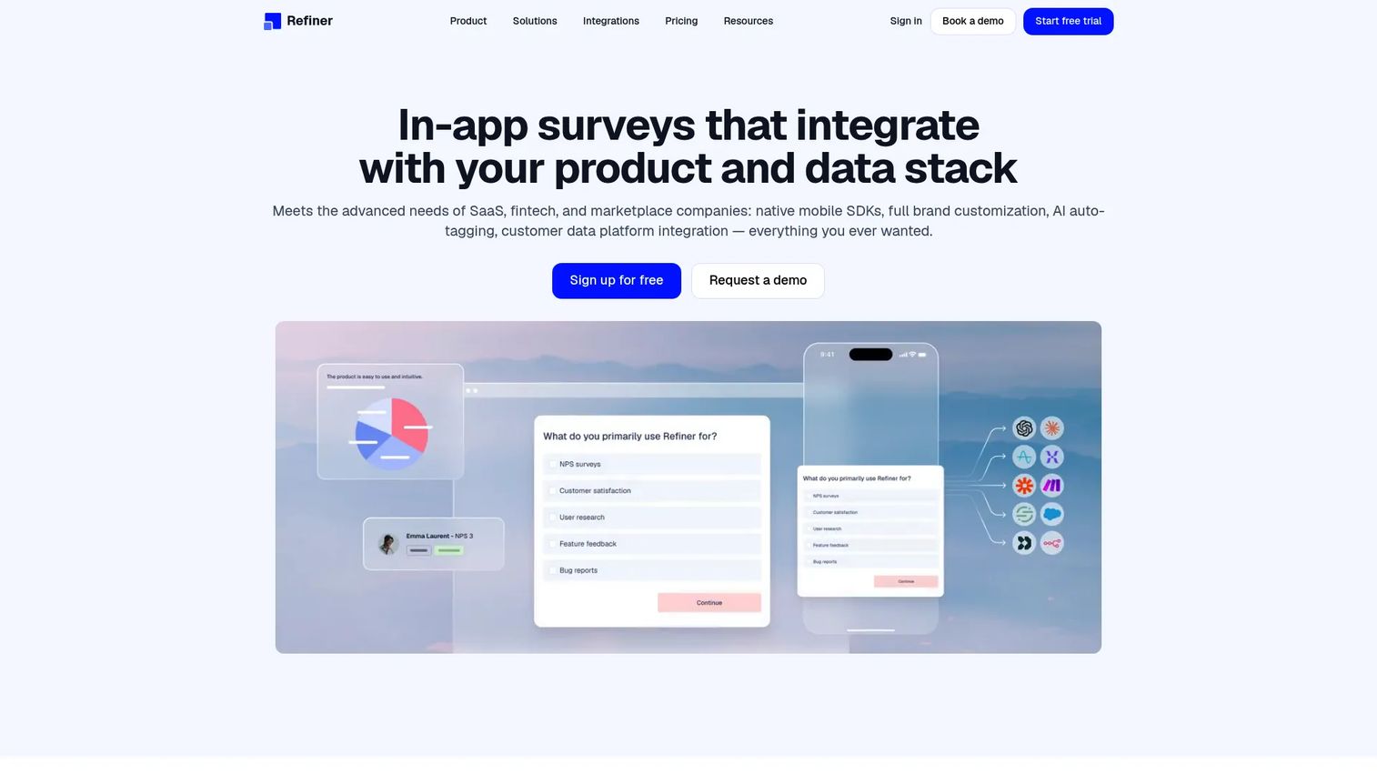 Refiner in-app survey software homepage