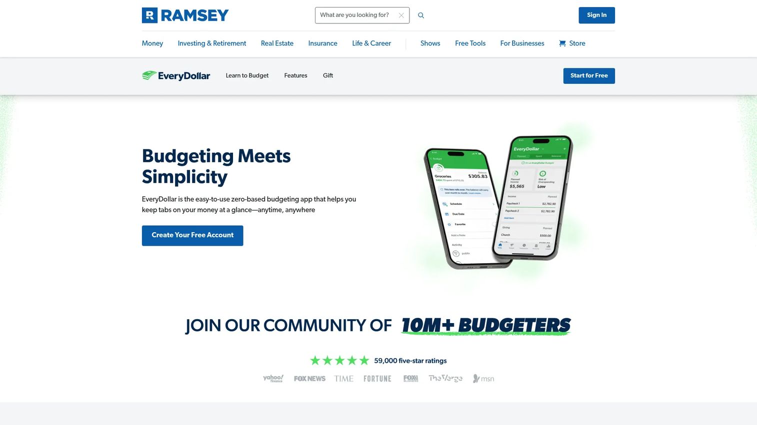 EveryDollar zero-based budgeting app with category planning and paycheck tracking