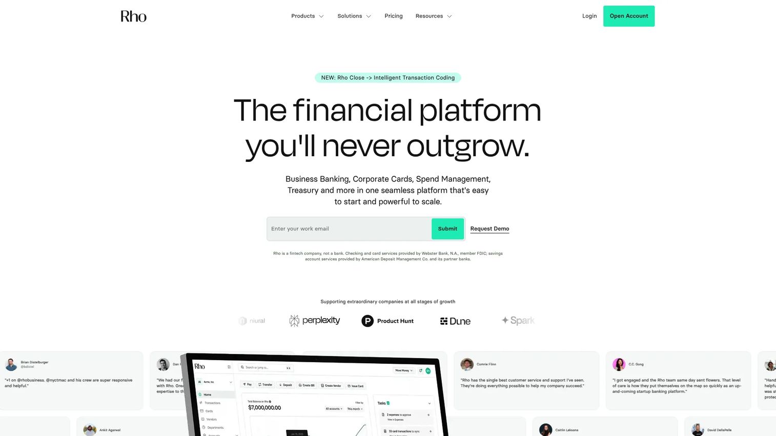 Rho business banking and finance platform homepage