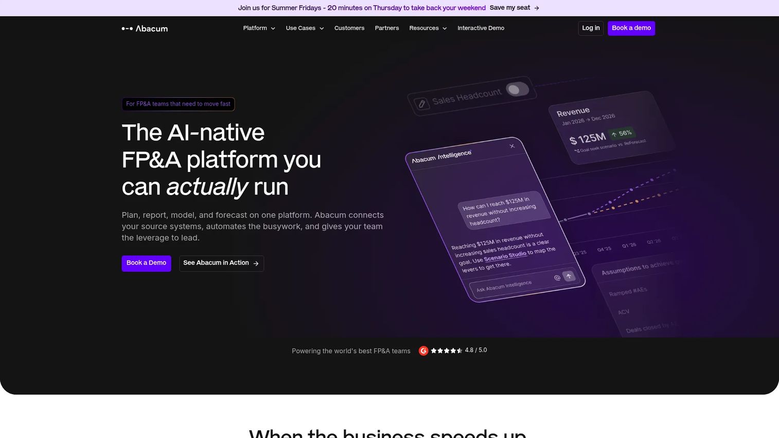 Abacum FP&A software homepage showing planning and reporting dashboards