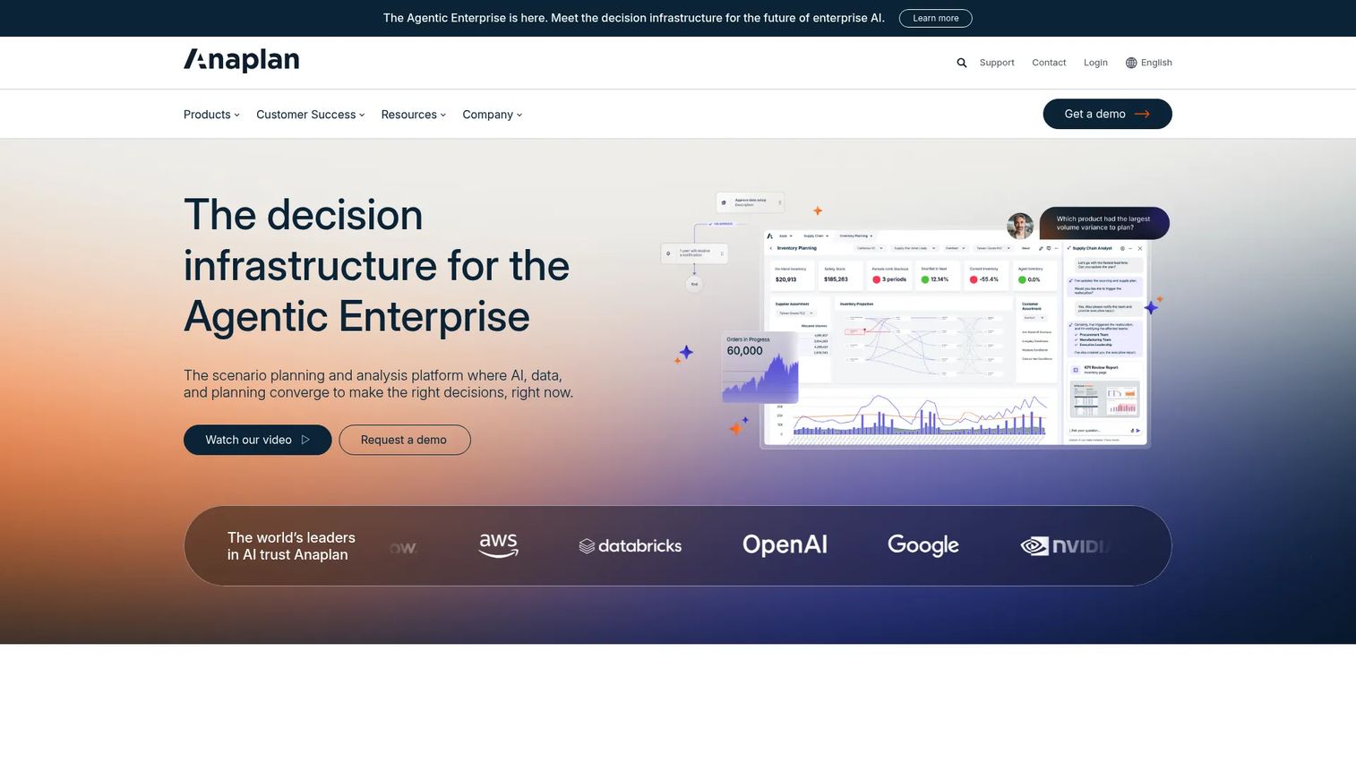 Anaplan connected planning software homepage showing cross-functional modeling