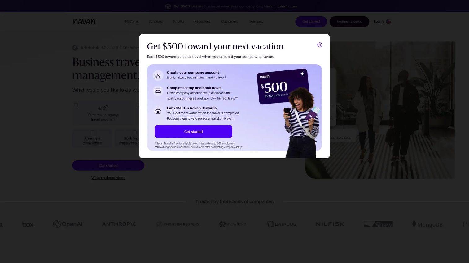 Navan travel and expense management platform homepage