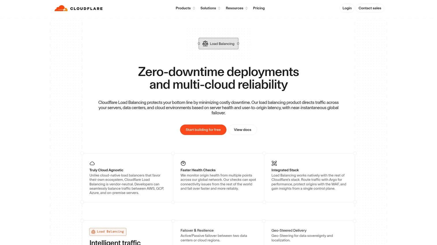 Cloudflare Load Balancing product page showing traffic steering features