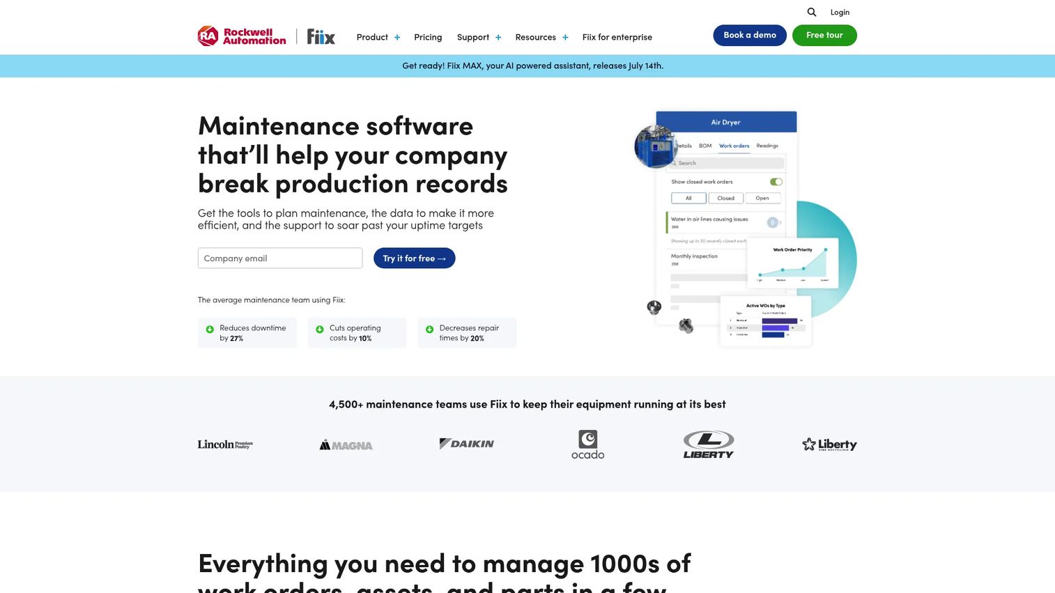 Fiix cloud-based CMMS software for maintenance management homepage