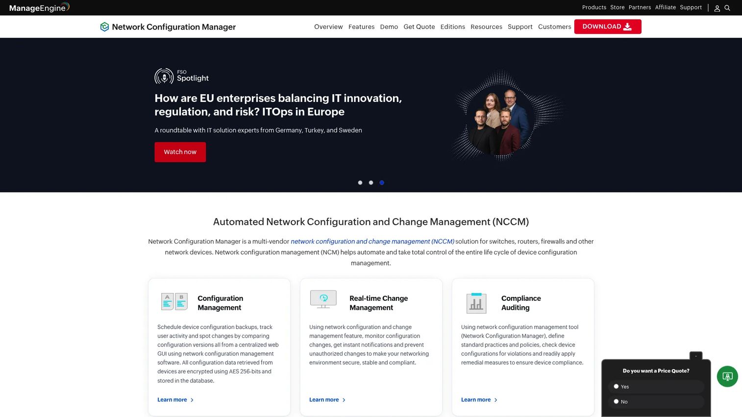 ManageEngine Network Configuration Manager homepage