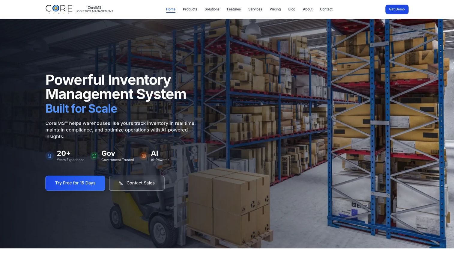 CoreWMS inventory and warehouse management software dashboard