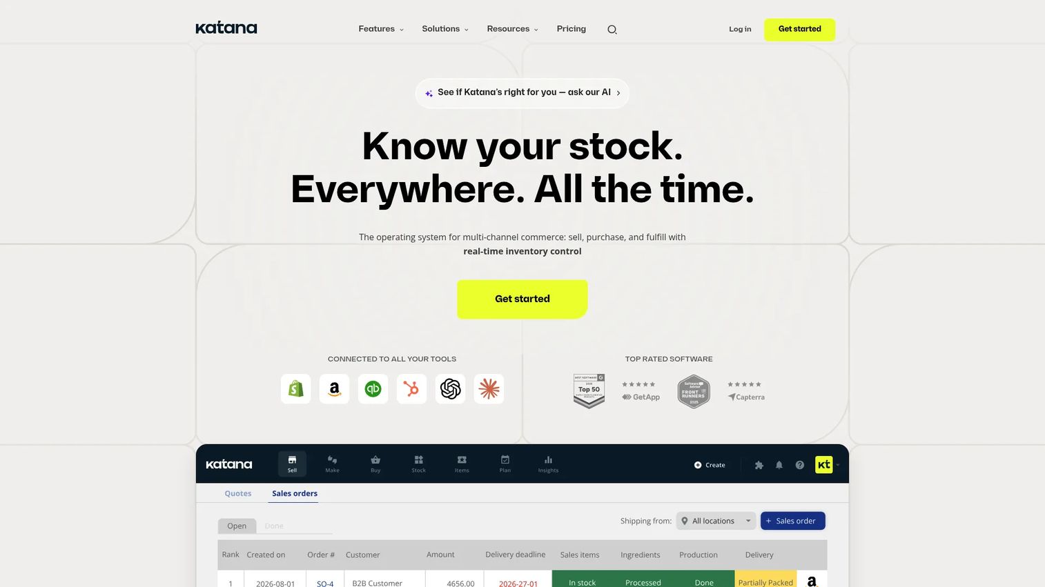 Katana cloud inventory and manufacturing software homepage