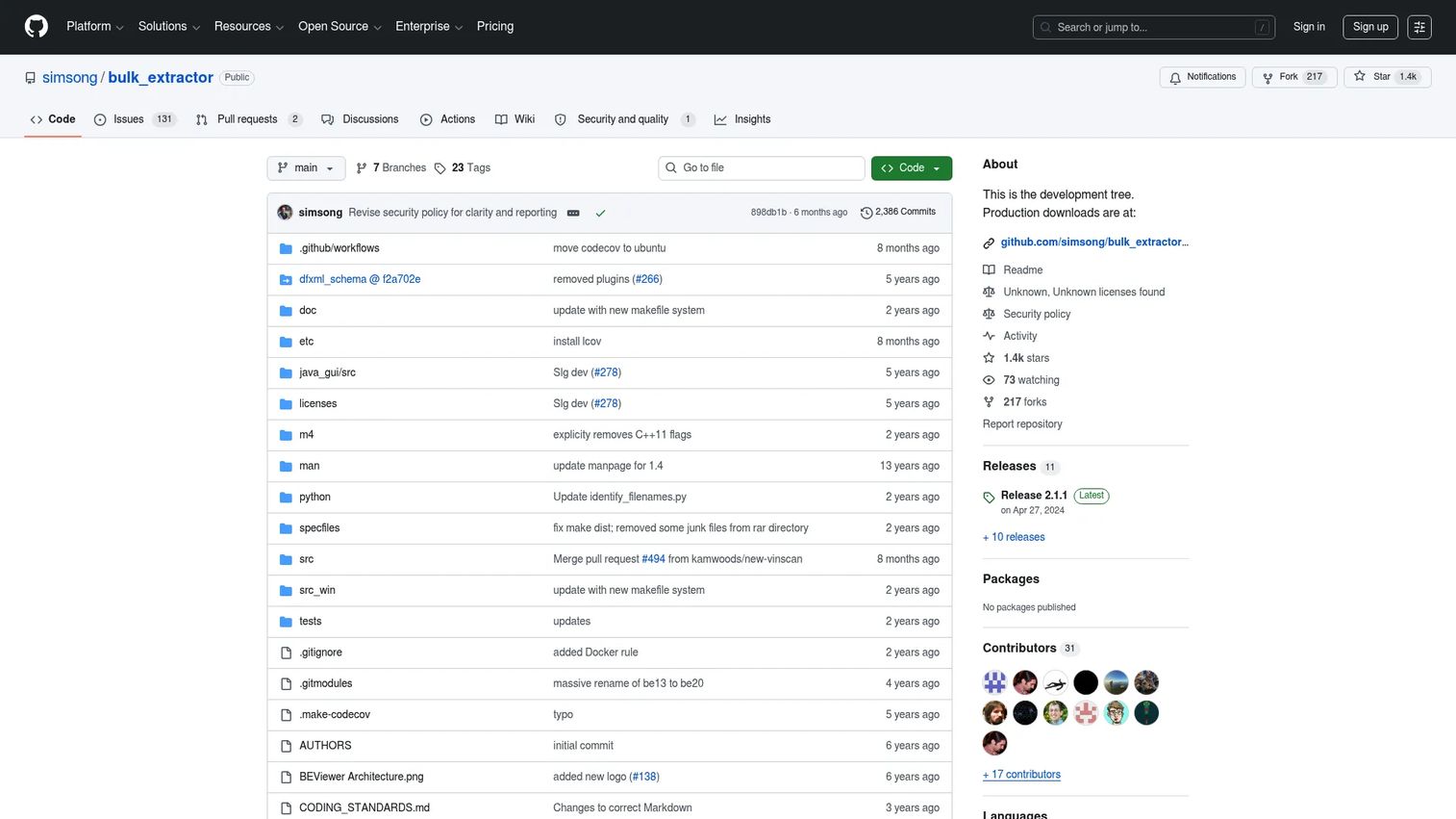Bulk Extractor open source forensics tool on GitHub