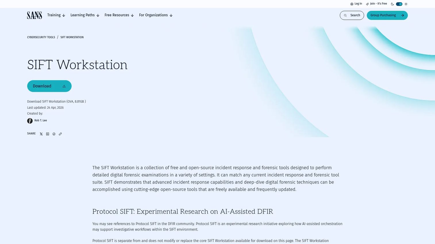 SANS SIFT workstation forensic toolkit page
