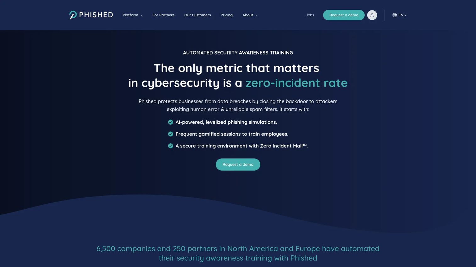 Phished AI automated security awareness training and phishing simulation platform homepage